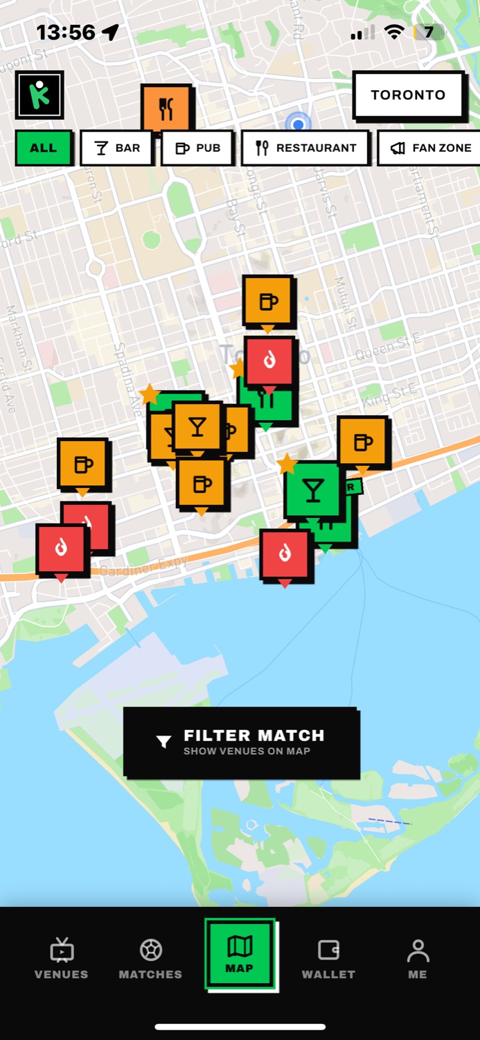 CrowdKick app — map of Toronto venues showing your match