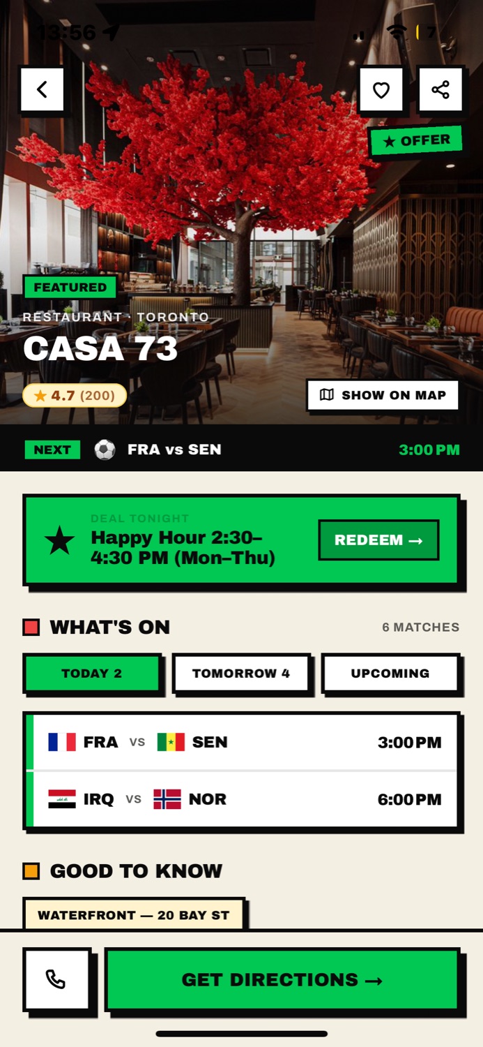 CrowdKick app — a venue's match-day deal with one-tap redeem