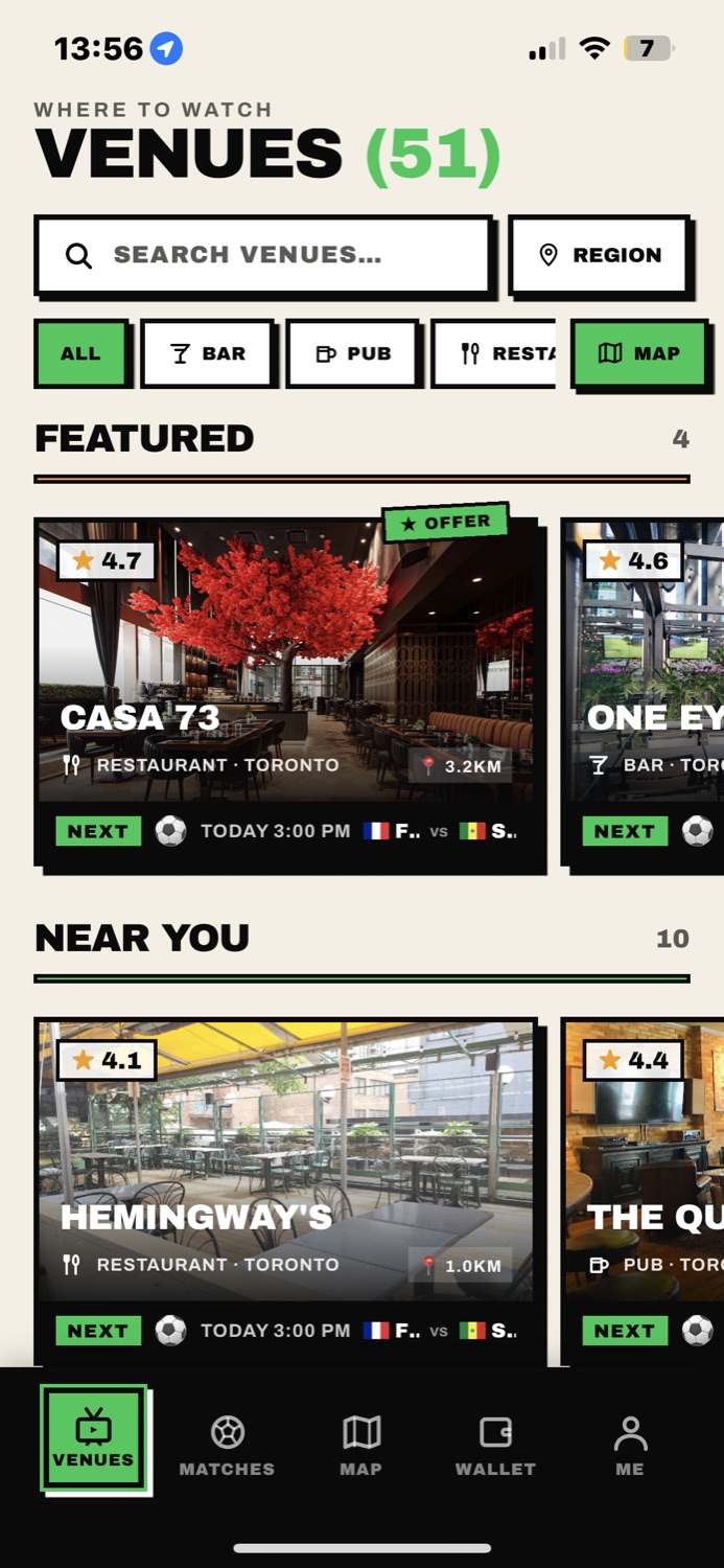 CrowdKick app — nearby venues showing your match, sorted by distance